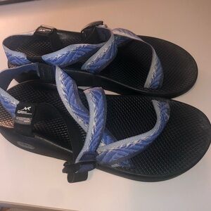 Chaco’s blue and grey z strap sandals